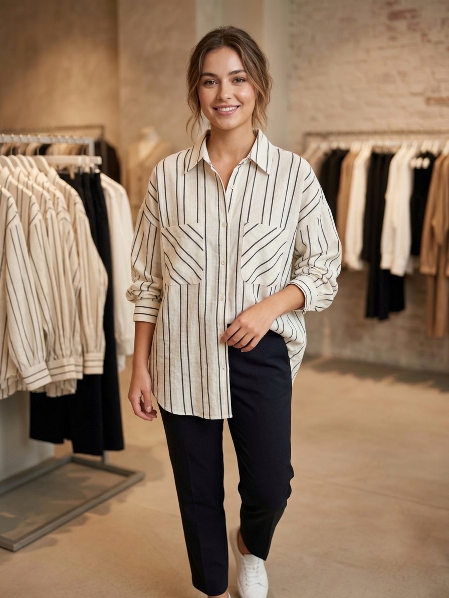 Keten Çizgili Keten Gömlek - Kadınlar İçin Rahat ve Şık Kesim
