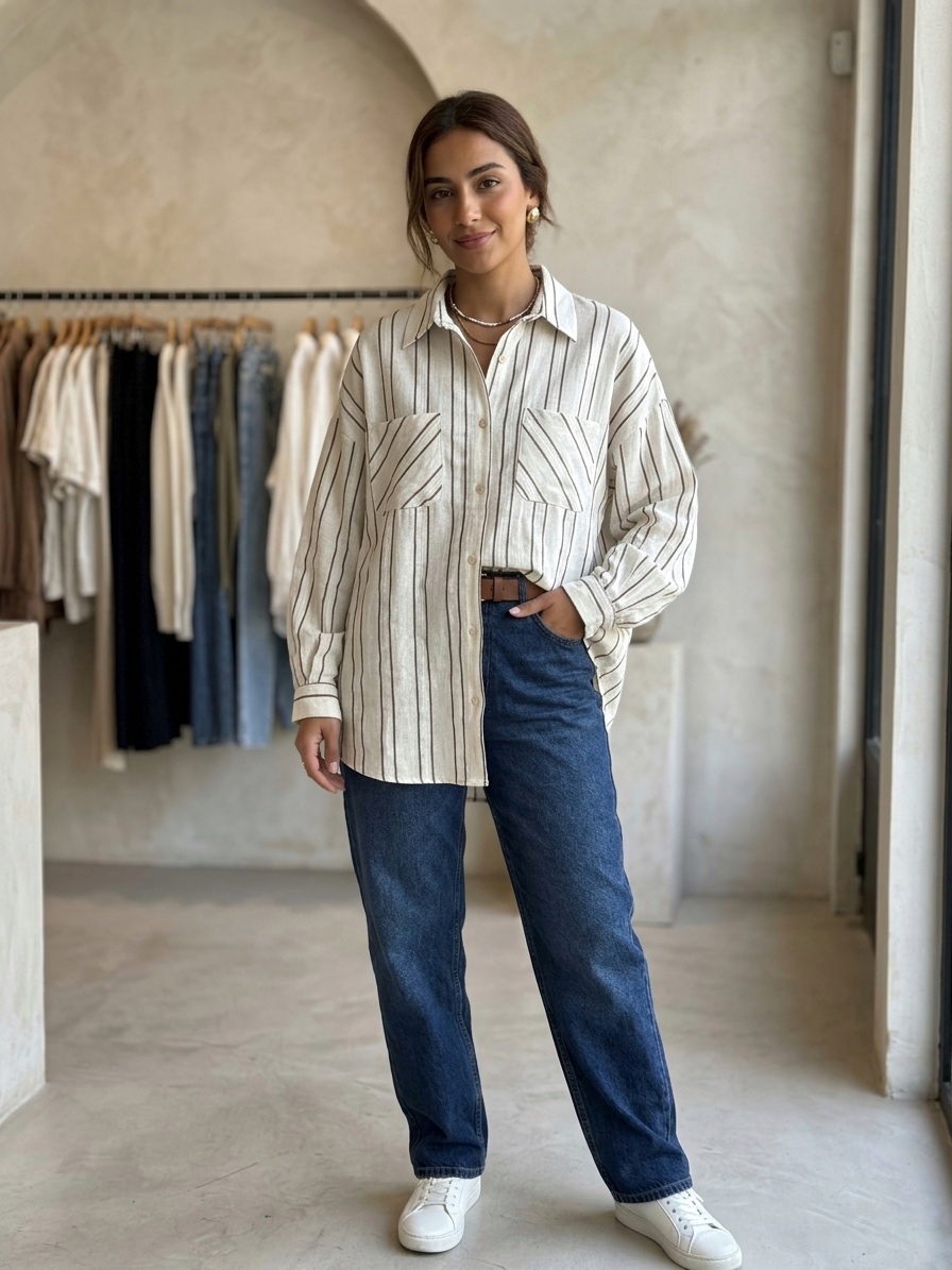 Keten Çizgili Keten Gömlek - Kadınlar İçin Rahat ve Şık Kesim