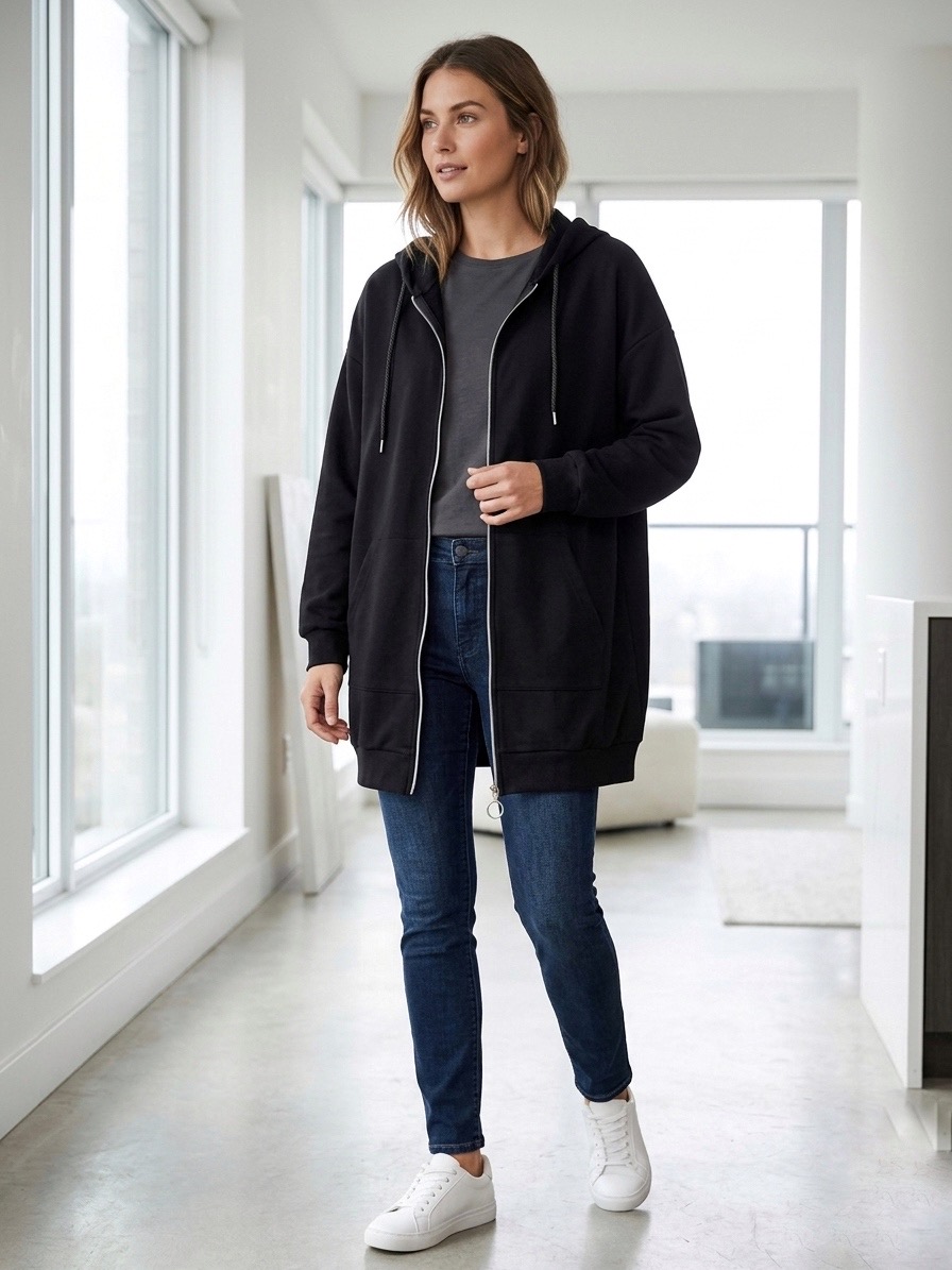 renkli metal fermuar, siyahın asaletini vurgularken kolay kullanım sağlar. Fermuar ucundaki halka detayı tasarıma minimal bir hareketlilik katar.