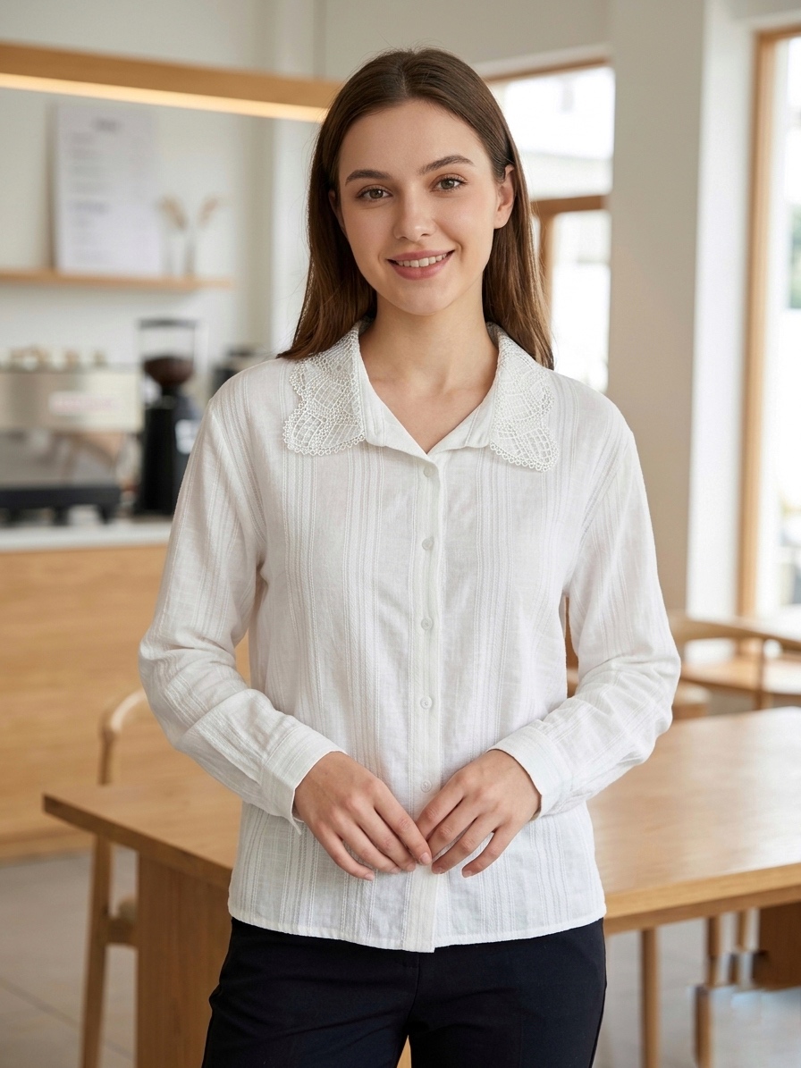 Vintage esintili, dantel işlemeli geniş bebe yaka (Peter Pan collar). Dantel detayları gömleğe romantik ve sofistike bir hava katıyor.